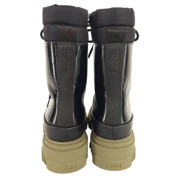 Ganni Quilted Nylon & Leather Combat Boot Size 35 US 5 Black Green $475 - Picture 5 of 12